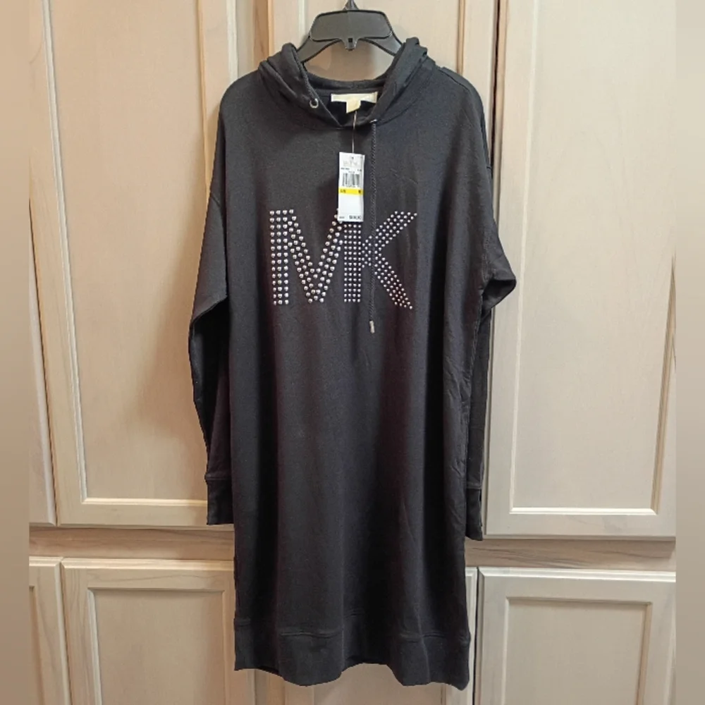 NWT MICHAEL KORS Black Studded Logo Hoodie Dress Size M Lounge Athleisure